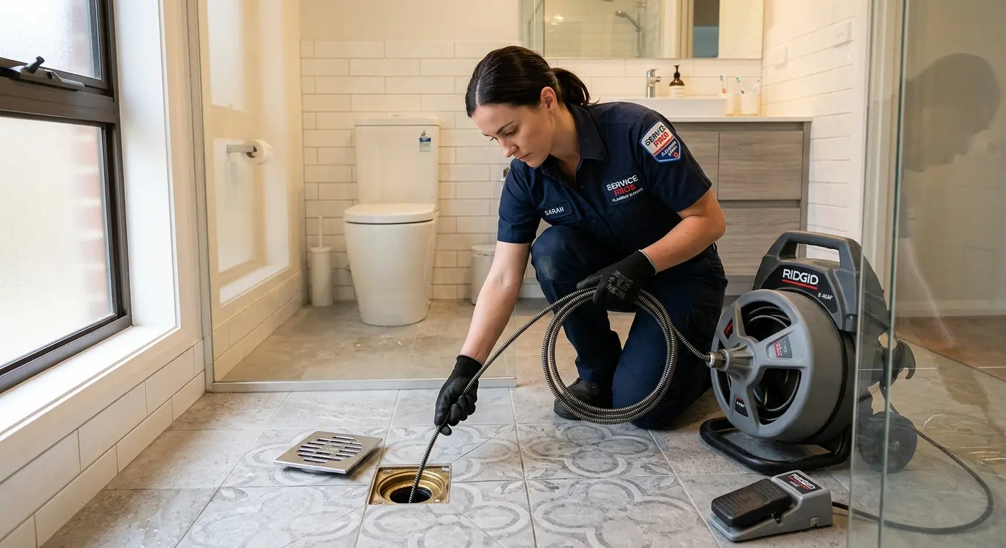 Technician clearing a bathroom floor drain for Hydro Jetting in Scottsdale
